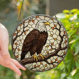 Nature Lovers' Majestic Bald Eagle Stained Glass Tiffany Style Amber & Blue-Grey Geometric Mosaic Stained Glass Suncatcher