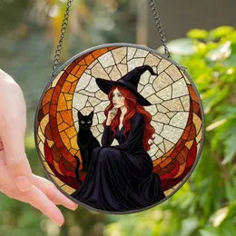 Fantasy Art Lovers' Tiffany Style Stained Glass Mystical Witch Black Cat Crescent Moon Mosaic in Jewel Tones Stained Glass Suncatcher