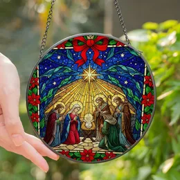 Faithful Christmas Lovers' Tiffany Stained Glass Nativity Ruby Red Poinsettia Emerald Green Mosaic Stained Glass Suncatcher
