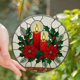 Holiday Decor Enthusiasts' Glowing Stained Glass Red Candles Poinsettia Holly Berries Pattern Stained Glass Suncatcher