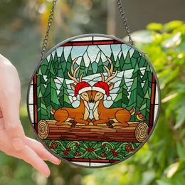 Winter Art Lovers' Glowing Tiffany Stained Glass Reindeer Nuzzle Forest Mosaic Amber Red Green Stained Glass Suncatcher