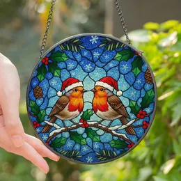 Holiday Enthusiasts' Vibrant Stained Glass Robin Redbreasts Santa Hats Holly Berry Winter Mosaic Stained Glass Suncatcher