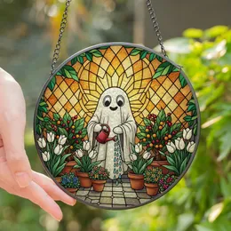Whimsical Art Lovers' Tiffany Stained Glass Ghost Watering Potted Plants Floral Sunroom Art Jewel Tones Stained Glass Suncatcher