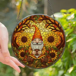 Gnome Lovers' Jewel Tone Stained Glass Gnome & Golden Sunflower Autumnal Mosaic Stained Glass Suncatcher