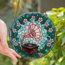 Art Lovers' Tiffany Stained Glass Gramophone, Rosy Pink Emerald Green Teal Floral Mosaic Stained Glass Suncatcher