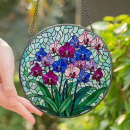 Art Enthusiasts' Tiffany Style Orchid Jewel Tone Magenta Royal Blue Mosaic Design Stained Glass Suncatcher