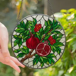Art Enthusiasts' Jewel Tone Pomegranate Stained Glass Botanical Crimson Red Emerald Green Pattern Stained Glass Suncatcher
