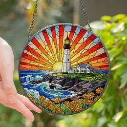 Coastal Art Lovers' Vibrant Tiffany Stained Glass Lighthouse Sunset Ocean Mosaic with Glowing Lamp and Wildflowers Stained Glass Suncatcher
