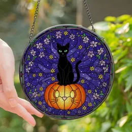 Halloween Decor Lovers' Whimsical Stained Glass Pumpkin Black Cat Starry Night Floral Art Stained Glass Suncatcher