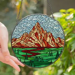 Nature Lovers' Detailed Stained Glass Mountain Landscape Emerald Green Sky Blue Terracotta Jewel Tones Stained Glass Suncatcher