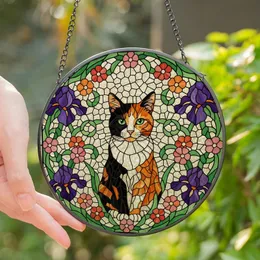Cat Lovers' Intricate Jewel Tone Calico Cat Floral Stained Glass Mosaic Stained Glass Suncatcher
