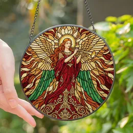 Devotional Art Lovers' Tiffany Stained Glass Angel Golden Trumpet Ornate Red Gold Emerald Celestial Mosaic Stained Glass Suncatcher