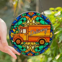 Art & Transport Lovers' Tiffany Stained Glass Orange Delivery Truck Geometric Jewel Tone Mosaic Stained Glass Suncatcher