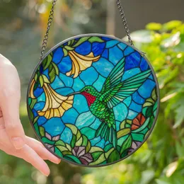Nature Lovers' Vibrant Green Hummingbird Stained Glass Jewel Tone Floral Mosaic Stained Glass Suncatcher