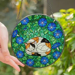 Cat Lovers' Intricate Stained Glass Calico Cat Blue Morning Glory Purple Floral Lush Green Design Stained Glass Suncatcher