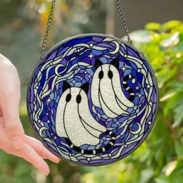 Cat Lovers' Whimsical Stained Glass Cat-Ghost Tiffany Art, Sapphire Amethyst Silver Swirls & Stars Stained Glass Suncatcher