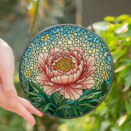 Women's Glowing Stained Glass Peony Orange Peach Emerald Green Tiffany Botanical Art Mosaic Stained Glass Suncatcher