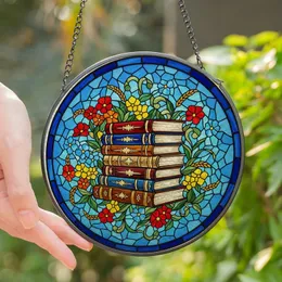 Book Lovers' Tiffany Stained Glass Antique Books Gold Red Blue Wildflower Geometric Mosaic Stained Glass Suncatcher