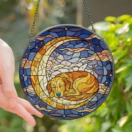Dog Lovers' Tiffany Stained Glass Golden Retriever Moon Night Sky Jewel Tone Mosaic Stained Glass Suncatcher