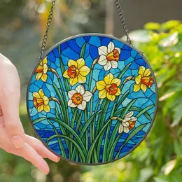 Floral Art Enthusiasts' Tiffany Style Yellow Blue Green Daffodil Stained Glass Mosaic Stained Glass Suncatcher