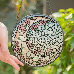 Stained Glass Art Lovers' Tiffany Style Crescent Moon Cherry Blossom Geometric Mosaic Jewel Tones Stained Glass Suncatcher