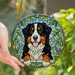 Bernese Mountain Dog Lovers' Cheerful Bernese Dog Stained Glass Mosaic Green Blue Foliage Stained Glass Suncatcher