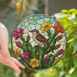 Southwestern Art Lovers' Vibrant Tiffany Stained Glass Cactus Wren Desert Flora Mosaic Stained Glass Suncatcher