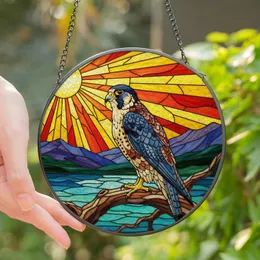 Nature Lovers' Majestic Peregrine Falcon Tiffany Glass Sunset Landscape Jewel Tones Stained Glass Suncatcher