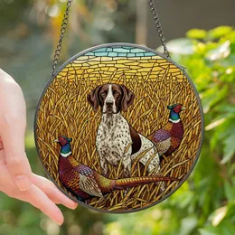 German Shorthaired Pointer Lovers' Tiffany Style Stained Glass Art: GSP, Pheasants, Golden Reeds, Jewel Tones Stained Glass Suncatcher