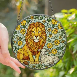 Art Lovers' Majestic Golden Lion Lamb Tiffany Stained Glass Jewel Tone Floral Mosaic Design Stained Glass Suncatcher