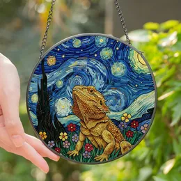 Reptile Lovers' Tiffany Stained Glass Bearded Dragon Starry Night Wildflower Mosaic Jewel Tones Stained Glass Suncatcher