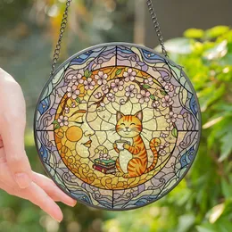 Whimsical Dreamers' Jewel Tone Stained Glass Moon Cat & Books Cherry Blossom Stained Glass Suncatcher