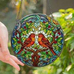 Nature Lovers' Intricate Stained Glass Robins Tree Branch Mosaic Fiery Orange Deep Red Forest Green Jewel Tones Stained Glass Suncatcher