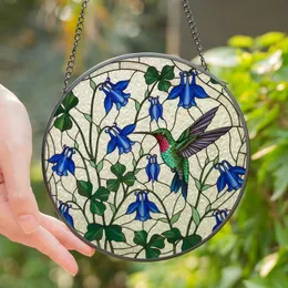 Nature Enthusiast's Vibrant Ruby-Throated Hummingbird Tiffany Stained Glass Blue Columbine Floral Art Mosaic Stained Glass Suncatcher