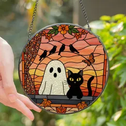 Spooky Cute Art Lovers Tiffany Stained Glass Ghost Black Cat Mosaic Sunset Orange Pink Design Stained Glass Suncatcher