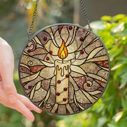 Winter Art Lovers' Tiffany Stained Glass Glowing Candle Ruby Red & Orange Frost Mosaic Stained Glass Suncatcher