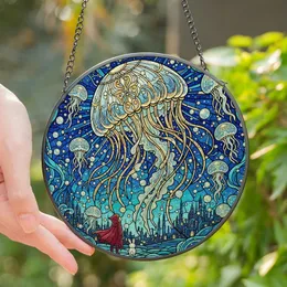 Fantasy Art Lovers' Tiffany Style Bioluminescent Jellyfish Deep Sea Cityscape Art Stained Glass Suncatcher