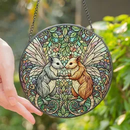 Fantasy Art Lovers' Intricate Tiffany Stained Glass Fairy Opossums Iridescent Amber-Grey Mosaic Stained Glass Suncatcher