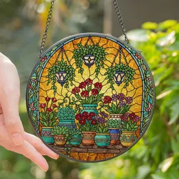 Botanical Art Enthusiasts' Tiffany Stained Glass Potted Plants & Trailing Vines Luminous Amber Jewel Tones Intricate Floral Border Stained Glass Suncatcher