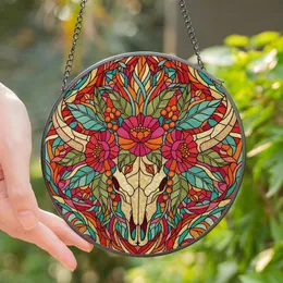 Southwestern Art Lovers' Vibrant Tiffany Style Stained Glass Bull Skull & Desert Flora Mosaic Stained Glass Suncatcher