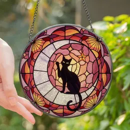 Cat Lovers' Edge-to-Edge Tiffany Stained Glass Black Cat Moon Star Swirling Cosmic Mosaic Stained Glass Suncatcher