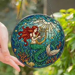 Ocean & Fantasy Art Lovers' Tiffany Stained Glass Mermaid Golden Harp Jewel Tone Mosaic Stained Glass Suncatcher