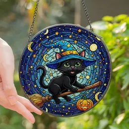 Witchy Cat Lovers' Intricate Stained Glass Black Cat Celestial Witch Hat Starry Night Jewel Tones Stained Glass Suncatcher