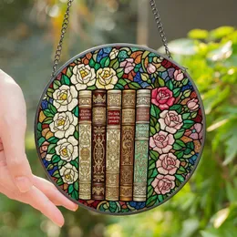 Book Lovers' Tiffany Style Stained Glass Antique Books Gilded Spines Cream Pink Roses Emerald Vines Ornate Jewel Tone Pattern Stained Glass Suncatcher