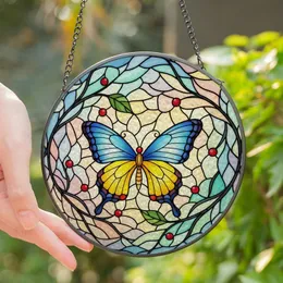 Art Lovers' Glowing Tiffany Stained Glass Vibrant Butterfly Sky Blue Golden Yellow Emerald Ruby Floral Mosaic Stained Glass Suncatcher