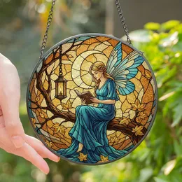 Bookish Fantasy Art Lovers' Tiffany Stained Glass Fairy Reading Blue Wings Amber Gold Moon Stained Glass Suncatcher