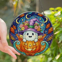 Halloween Enthusiasts' Stained Glass Ghost Pumpkin Indigo Mystic Star Mosaic Art Stained Glass Suncatcher