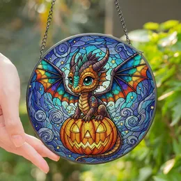 Fantasy & Halloween Lovers' Stained Glass Chibi Dragon, Jack-O'-Lantern, Mystical Jewel Tones Stained Glass Suncatcher