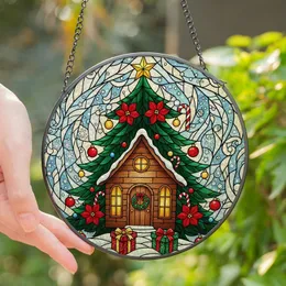 Christmas Lovers' Intricate Tiffany Glass Deep Green Red Christmas Tree House Festive Winter Mosaic Pattern Stained Glass Suncatcher