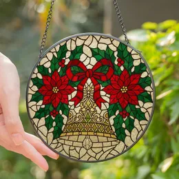 Holiday Enthusiasts' Intricate Stained Glass Christmas Bell Ruby Red Poinsettia Emerald Green Holly Gold Mosaic Stained Glass Suncatcher